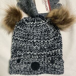 New baby infant beanie hat glove 12-24m gray bear face puff ears ball gray new